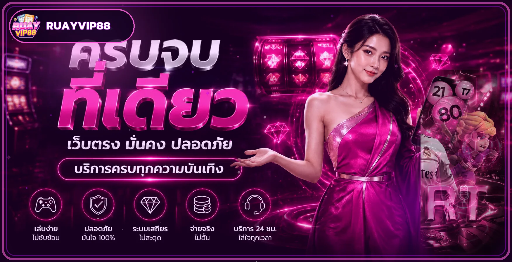 แบนเนอร์ RUAYVIP88 ทางเข้าเว็บตรงโทนม่วงชมพู